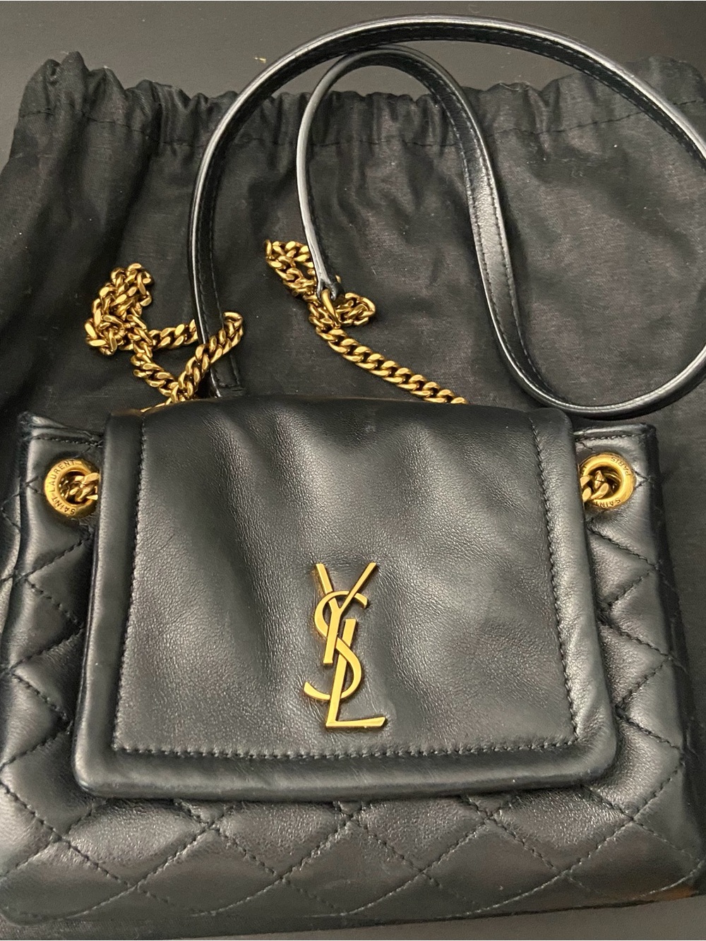 Authentic Saint Laurent Mini Nolita Black Quilted Lambskin Bag Gold YSL Logo